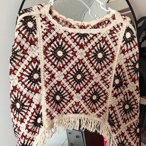 House of Harlow 1960 Red and Cream Crochet Poncho